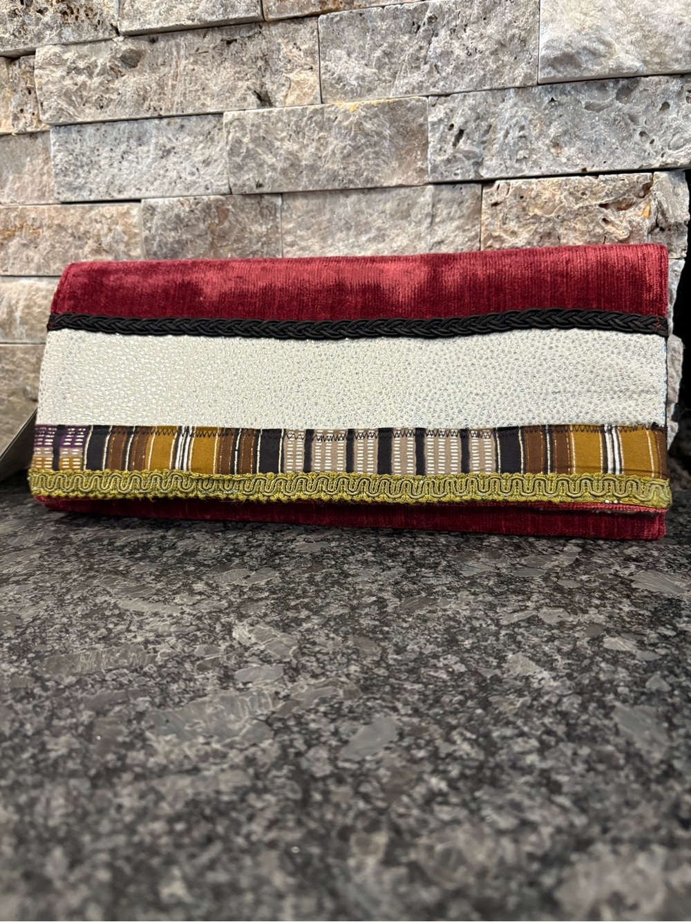 Burgundy Velvet Clutch with Mixed Fabric Middle Section NWT